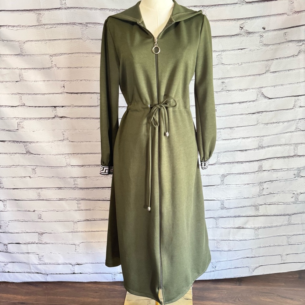 Miss‎ Cazibe Olive Green Hooded Zip Front Midi Dress Drawstring Waist Size 38